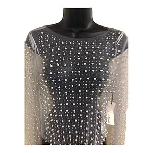 Cream Pearl Beaded rhinestones crystal sheer mesh long sleeve top‎ size medium